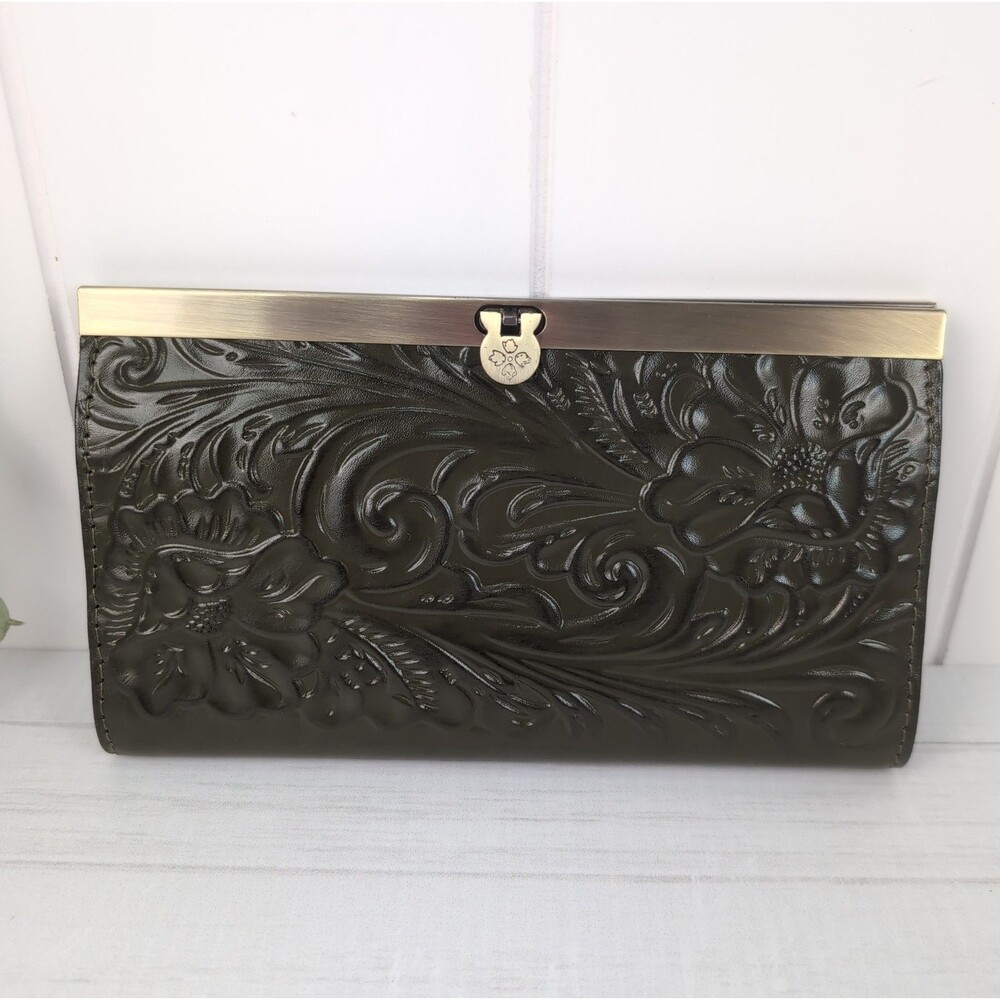 Patricia Nash Cauchy Tooled Olive Green Floral Embossed Leather Bifold Wallet
